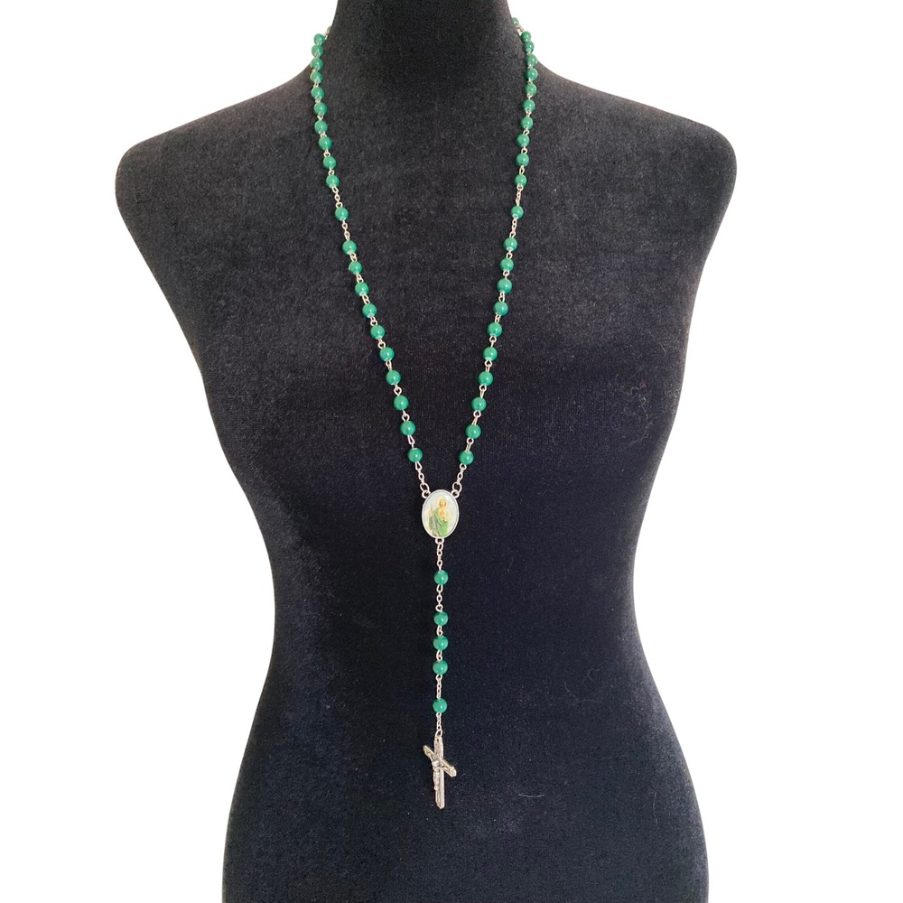 Saint Jude Thaddeus Green Bead Rosary Necklace Silver Tone Crucifix Religious